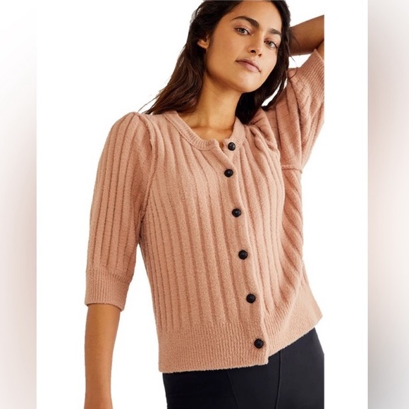 FREE PEOPLE SLOANE Short Elbow Sleeve Cardigan Size Small Peach Blush Pink NEW! - Picture 3 of 16